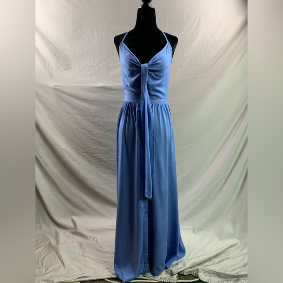 Boho Blue Knot Front Tie Back Maxi Halter Dress - Picture 4 of 5